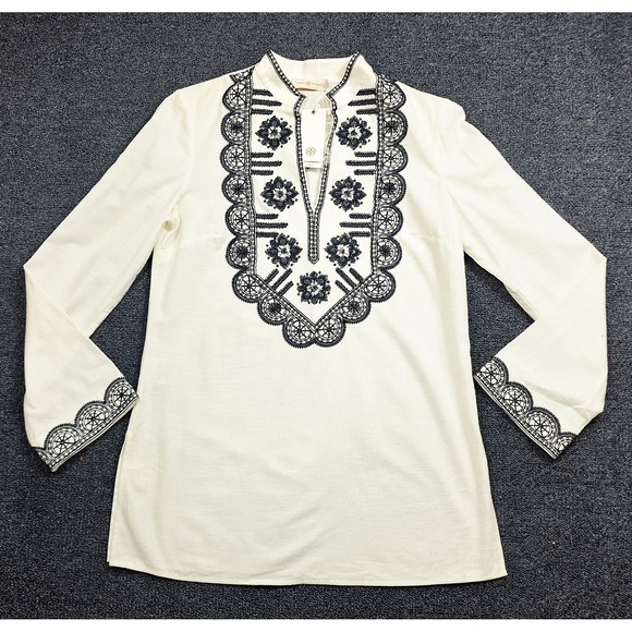 Tory Burch Embellished Embroidered Tunic Blue White Size 8‎ NWT - Picture 2 of 13